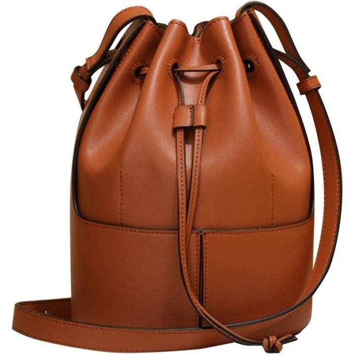 Sac Seau en Cuir pour Dames Sac à Main pour Femme Sac à BandoulièRe Antivol avec Cordon de Serrage Designer Sac Marron