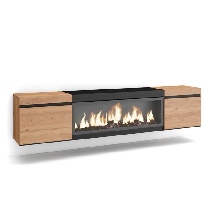 Meuble TV Banc Télé 210 Pour les TV jusquà 80 Cheminée électrique XXL Suspendu Mural Beige et noir RF3271