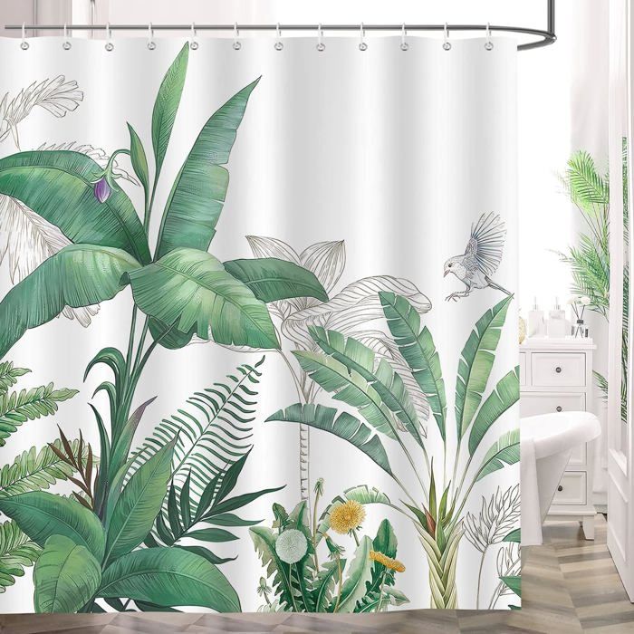 Rideau De Douche Imprimé GARDEN - Polyester Déperlant 180x200 Cm, 12 Anneaux Inclus - Blanc, Lavable Machine - 7
