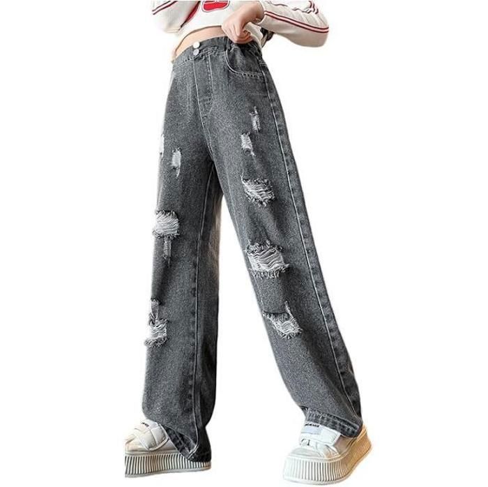 Jeans Fille Déchiré Délavé - Coupe Large, Nœud Papillon Design - Taille 5Y à 14Y - Style Streetwear Décontracté - 12