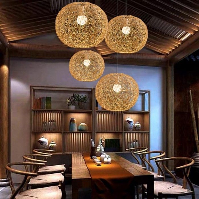WOTTES Suspension Boule Rotin Pendentif Abat-jour Luminaire Vintage Suspension Tissée Rustique Luminaire Rotin Lustre 4pcs Ø20cm