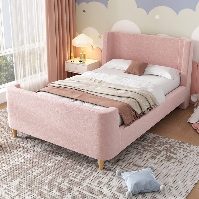 Lit enfant rembourré 90x200 cm Lit fille Lit capitonné en velours avec motif cosmique et sommier à lattes - Rose