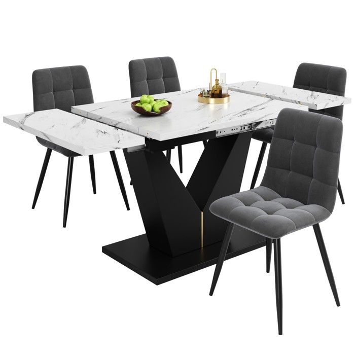 Set Table Salle À Manger 5 Éléments - Table Cuisine U Design Modèle De Marbre Blanc Pieds Noirs + 4 Chaises Gris Velours - Moderne