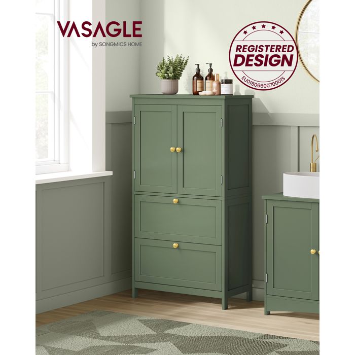 Armoire de Salle de Bain - MDF - Vert Forêt - 2 Portes - 2 Tiroirs - Étagères Réglables