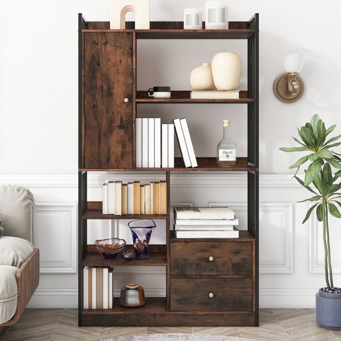 Bibliothèque à 6 Niveaux - Style Industriel - Étagère de Rangement - 100x30x173.5cm - Marron Rustique et Noir