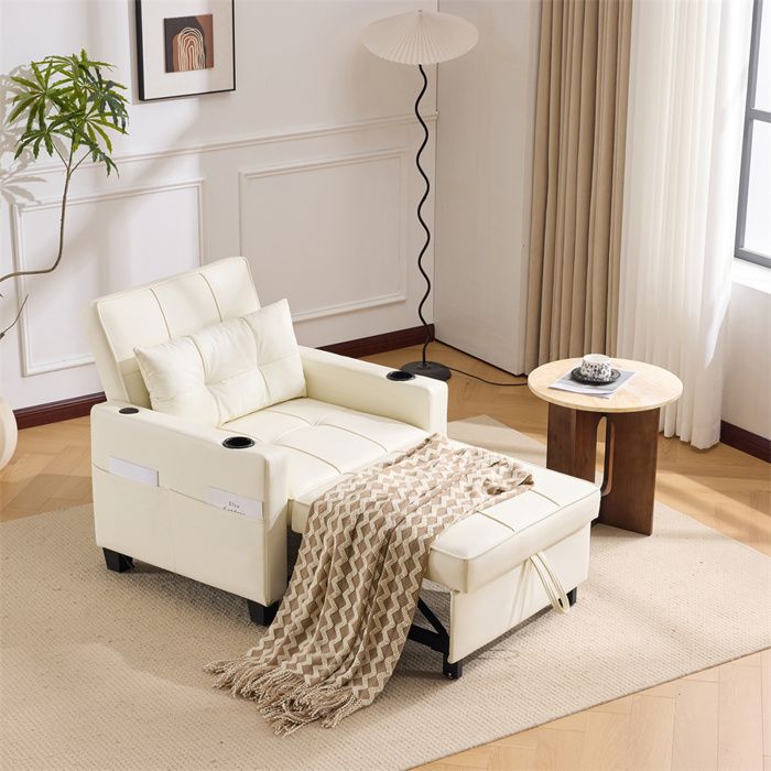 Fauteuil Convertible 1 Place Chauffeuse 1 Place Adulte Canapé Beige 3 en 1 avec Porte-Gobelet et USB Canapé Relax Petits Espaces