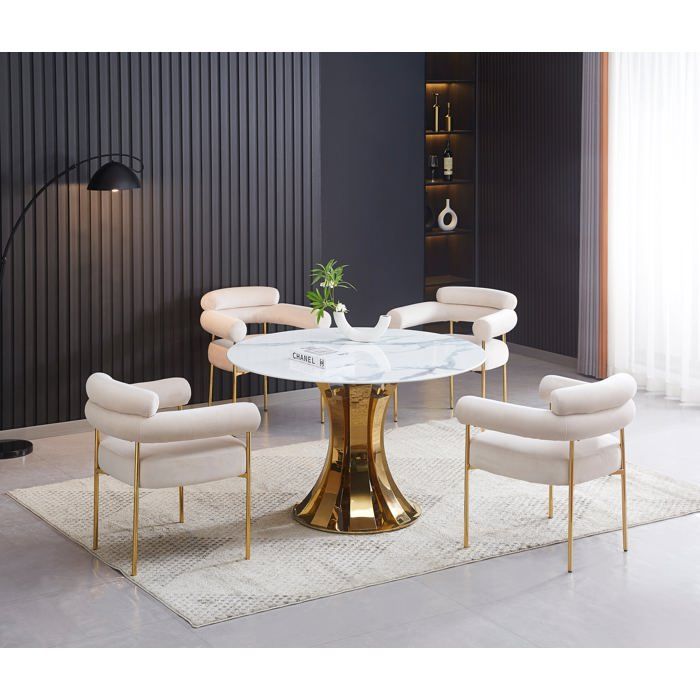 Lot de 2 Chaises BULLE avec Accoudoirs Velours Beige & Pieds Gold 72x60x77 cm