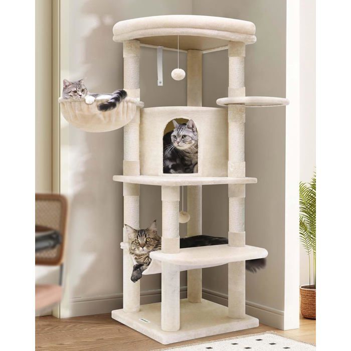 Meilleurs prix pour Arbre a Chat Beige avec Grandes Plateforme en éventail Niches Doux Hamac PanierArbres à Chat Hauteur 130cm Solide 90°(C51Beige)