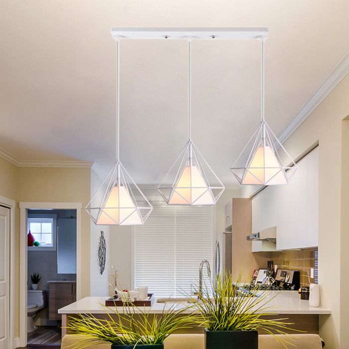 Lustre suspension - 3 lampes - Métal blanc - Cage diamant Ø25 cm - E27