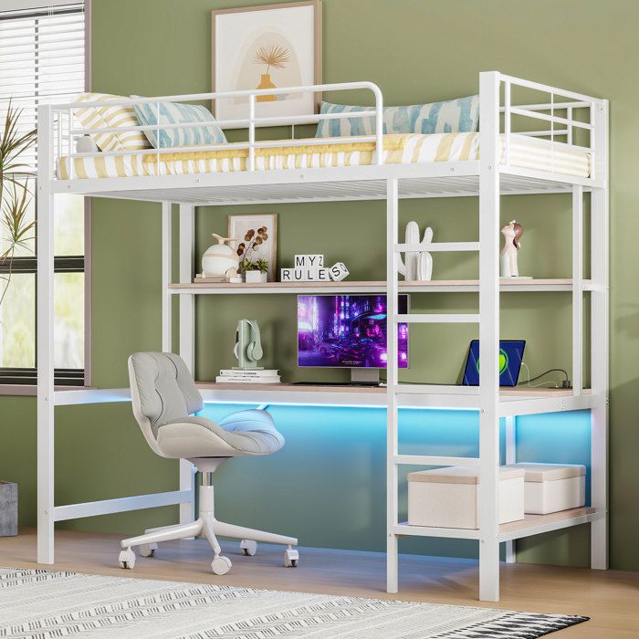 Lits superposés 90 * 200cm balustrade échelle avec USB et prise de courant avec lumière LED bureau étagère multicouche sans