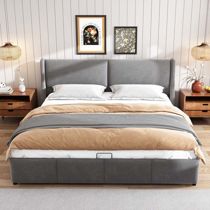 Lit coffre - Structure lit 160 x 200 cm - Rangement sous sommier - Tête de lit haute - Tissu velours gris