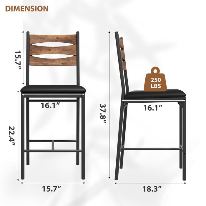 Tabouret de Bar Lot de 2 Chaise de Bar avec Pieds en Métal Chaise Haute de Cuisine Noir et Bois 41x 47 5 x 96 cm