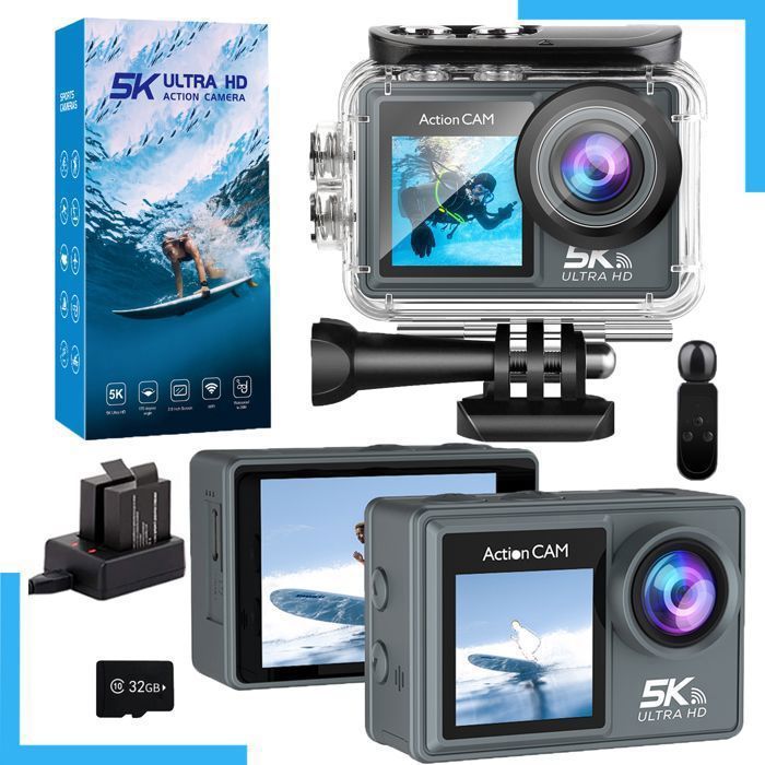 Caméra Sport 5K Ultra HD avec WiFi 4K 60FPS Microphone Sans Fil Double Écran 50MP EIS Étanche 40M 2 Batteries et Accessoires
