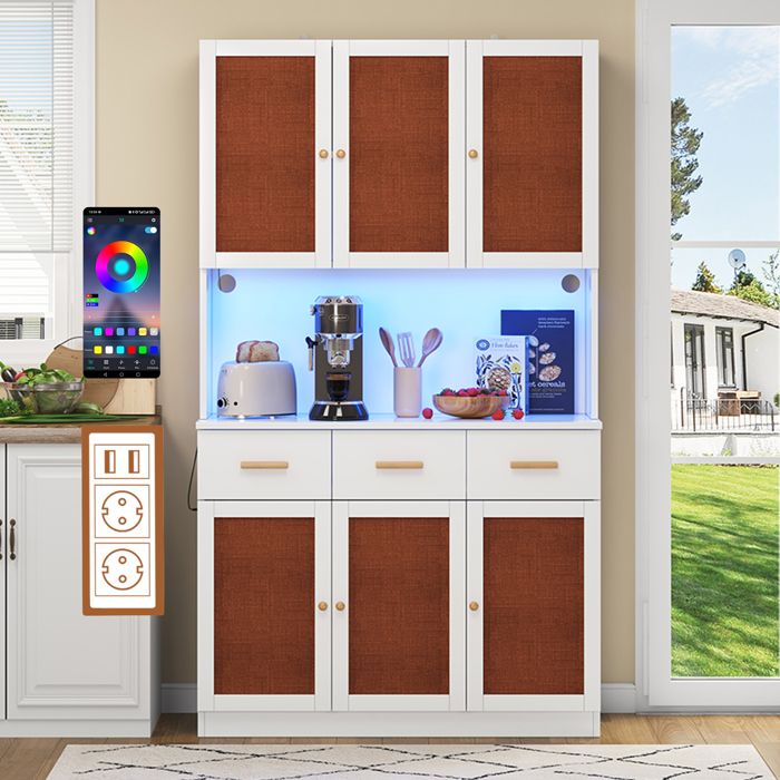 Buffet de cuisine - Armoire haute 105×43×182 cm - Blanc - Éclairage LED & prise USB - 3 tiroirs rangement micro-ondes