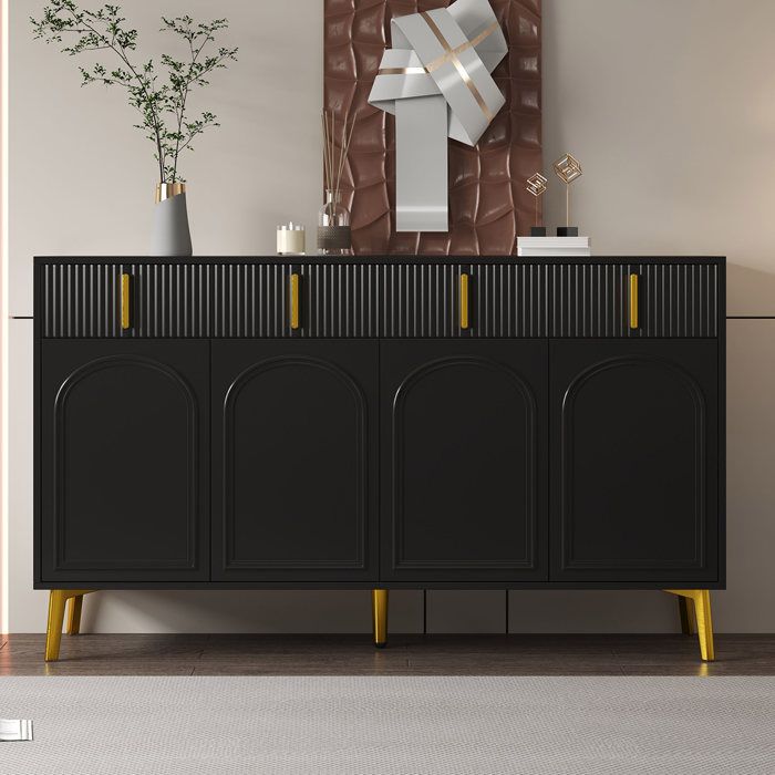 Meuble de Rangement Moderne avec 4 Portes 4 Tiroirs Étagères Réglables Buffet pour Salon 140 x 38 x 82 cm Noir