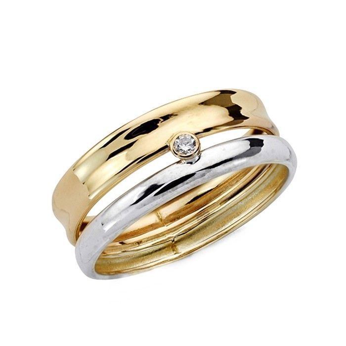 Bague bicolore en or 9 carats avec anneaux lisses et zircon cubique au centre pour femme