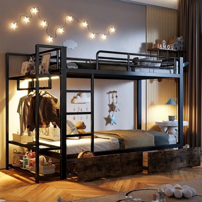 Lit superposé métal 90x200cm - VVBV - 90x200 - LED connectée - 2 tiroirs & étagères - penderie
