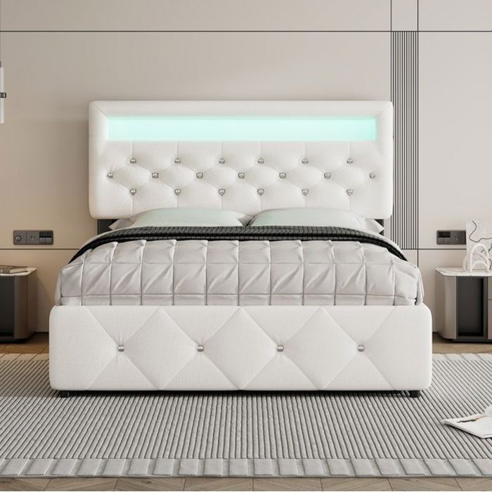 140*200 cm (90*190 cm) Extension lit double Lit capitonné à 2 tiroirs table de nuit avec rail lumineux blanc Matelas non inclus