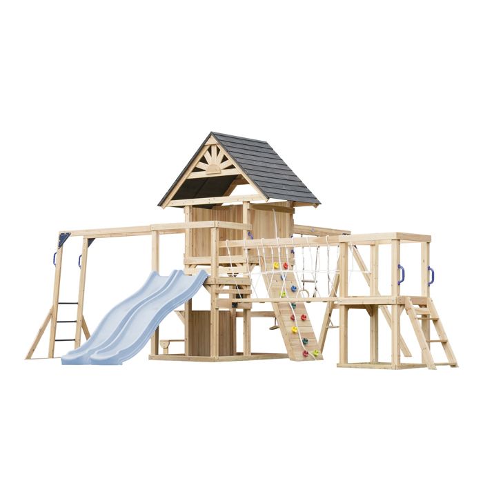 AXI Hunter Aire de Jeux en Bois 2 Balançoires Toboggan Double Bleu Pastel Maisonnette XXL / Equipement de Jeux pour Enfants