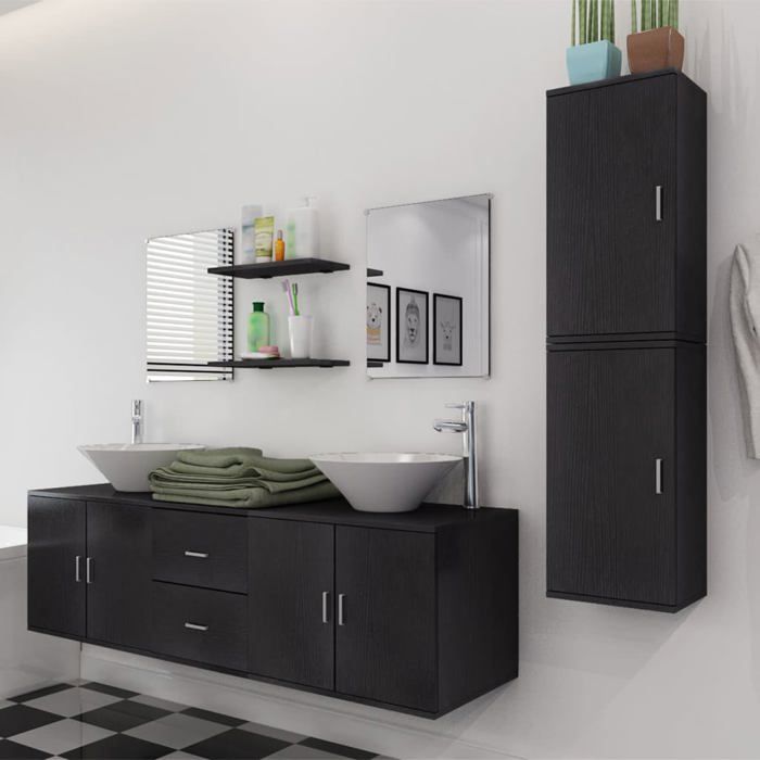 Meuble de salle de bain avec lavabo en 9 pcs - ARMOIRE/COLONNE WC - Noir 150x45x45 cm L4137