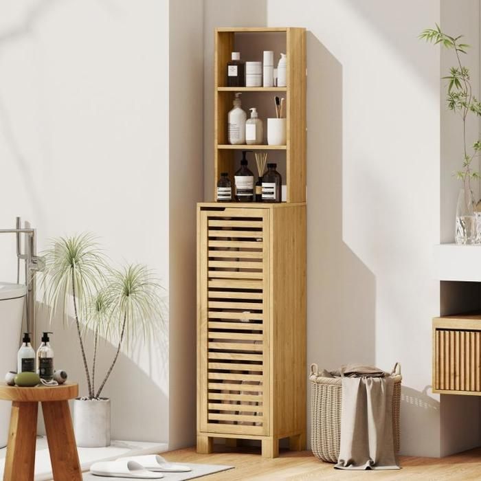 Armoire de salle de bain étroite armoire haute à 3 étagères ouvertes et réglables porte à lattes 34x30x170 cm finition naturelle