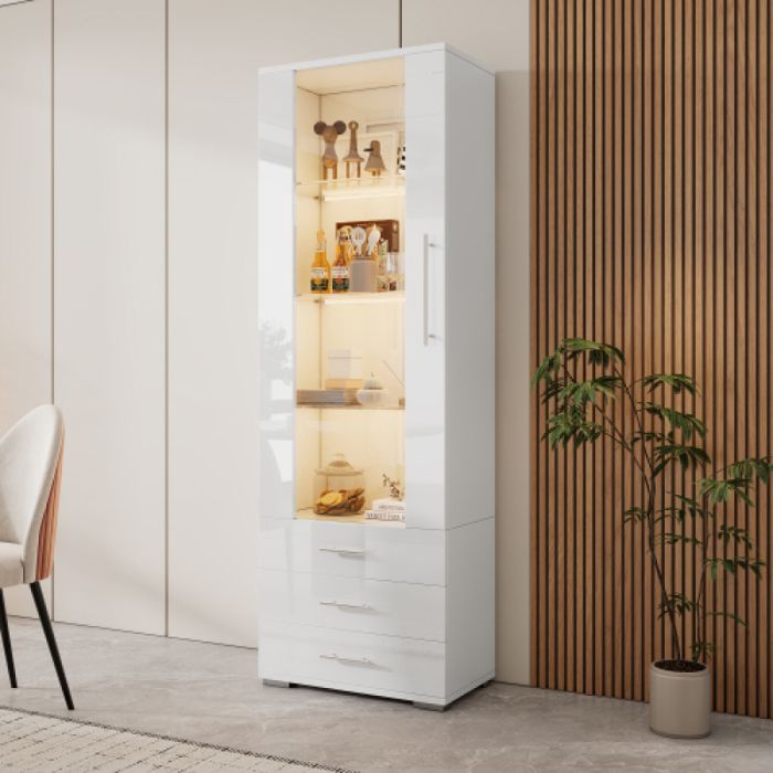 Vitrine moderne en verre avec LED Blanc brillante 3 tiroirs rangement vertical 60x35x180cm