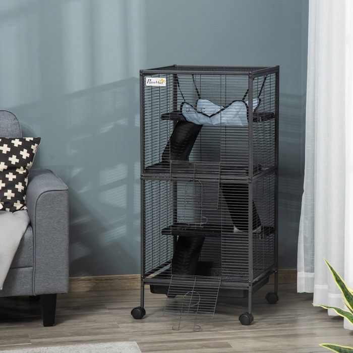 MOTHINESSTO557-Cage pour Petits Animaux Portable à 4 Niveaux Cage Chinchilla Cage Furet avec Roulettes 2 Portes 3 Rampes Hamac et