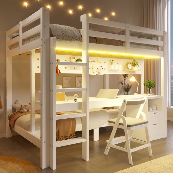 Lit superposé enfant - LEMONBEST - 140×200/90×200 - LED intégrée - Bureau & tiroirs - Pin/MDF