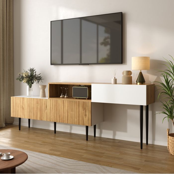 Meuble TV Extensible Modulaire avec 3 Portes Abattantes Passe-Câbles et Anti-basculement - BEAUNIV - Salon 130×30×63 5 cm