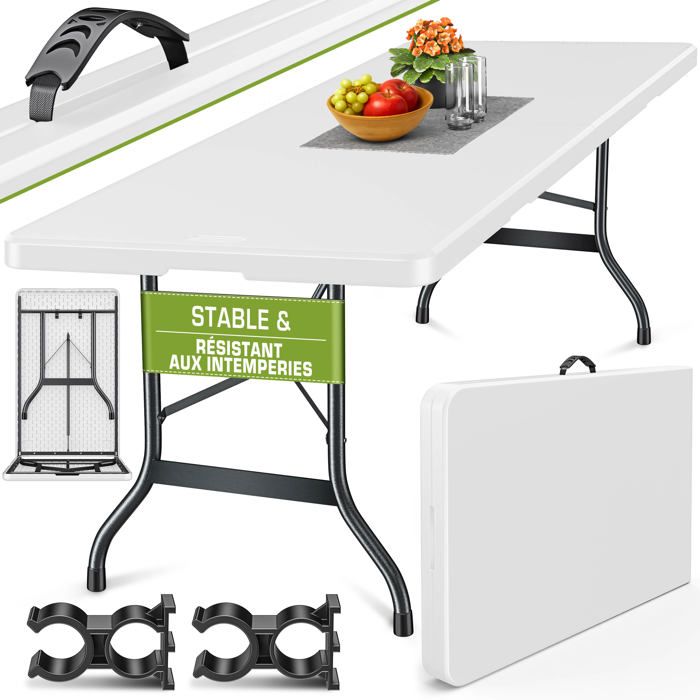 tillvex® Table de Jardin Pliante en Plastique 220x70cm Blanc Idéale comme Buffet pour Terrasse Jardin Balcon ou Camping