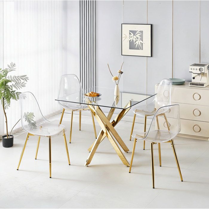 Ensemble repas 1 table + 4 chaises doré 815 x 45 x 48 cm plateau verre transparent dossier haut