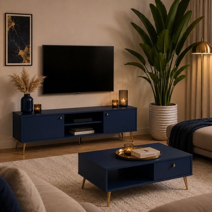 Meuble tv moderne bleu foncé et pied or EZIA