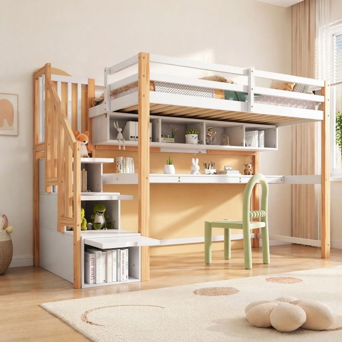 Lit Mezzanine Enfant 1 Place 90 × 200 cm avec Bureau Étagères et Escalier de Rangement Sans Matelas - UVRION
