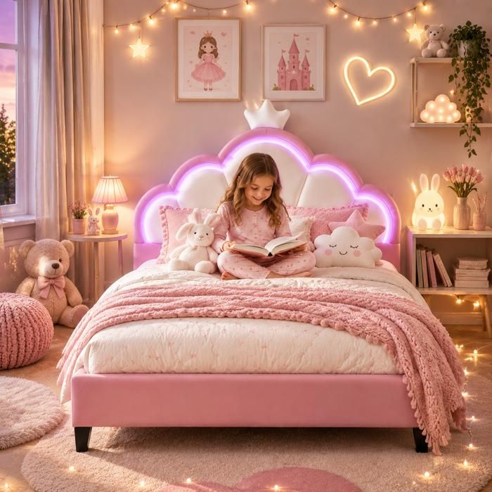 Lit enfant fille 140x200cm avec LED Lit Princesse avec Sommier Tête de Lit réglable en hauteur Pieds de lit 15 cm Velours rose