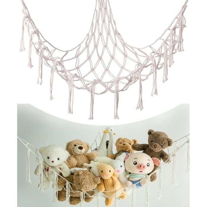 Lot 2 filets rangement peluche - Blanc Pochette murale petit bébé chambre enfant jeu - Sac déco Aucunely