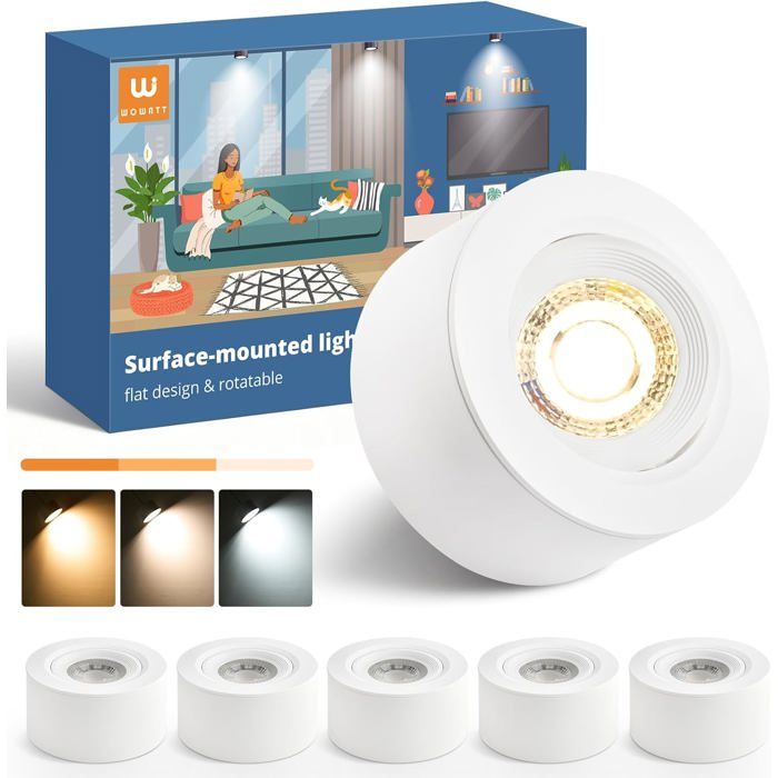 Wowatt Lot de 6 Spots Plafond Orientables Blancs Dimmables 5.5W 550LM Température Réglable 3000K-6000K 92x45mm Plastique Wowatt Lot de 6 Spots Plafond Orientables Blancs Dimmables 5.5W 550LM Température Réglable 3000K-6000K 92x45mm Plastique