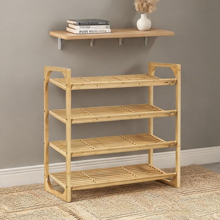 Étagère à chaussures 4 niveaux en bambou massif 76x33x67 cm style scandinave naturel 12 paires