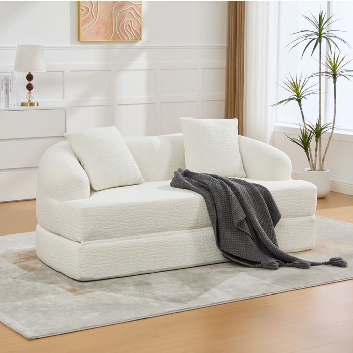 Canapé-lit 2 places dépliable chenille beige 2 coussins inclus polyvalent pour chambre damis et séjour