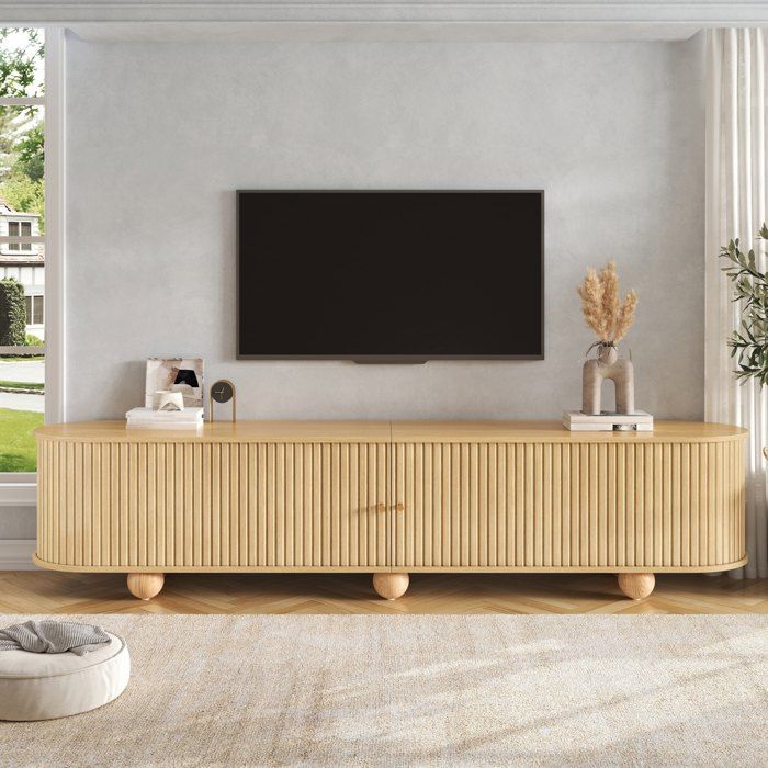 Meuble TV 180x35x45 cm portes coulissantes rétro mobilier de salon portes coulissantes à rainures verticales pieds boule naturel