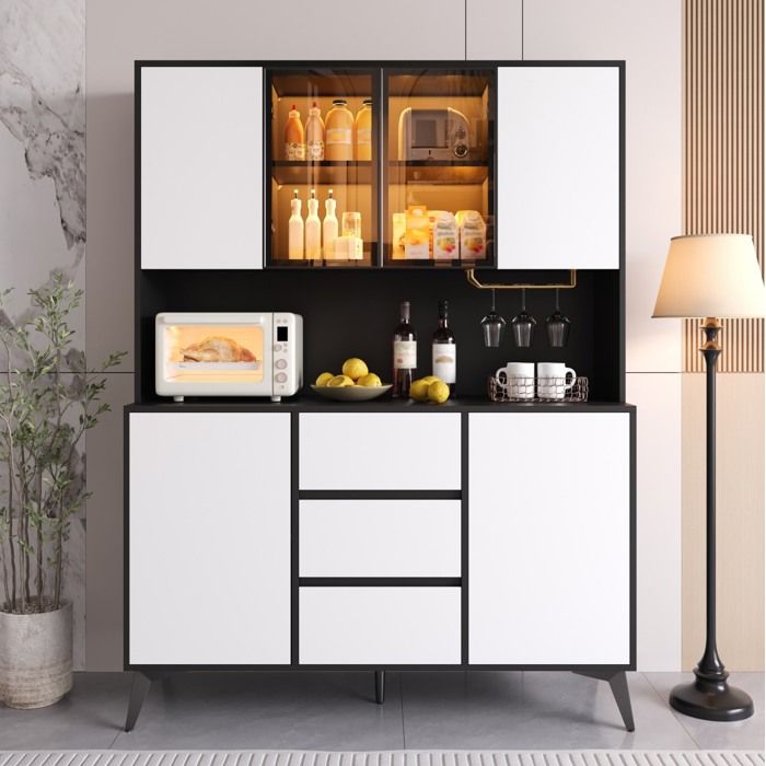 Buffet de cuisine haut EVRYAE 120 x 40 x 160 cm avec vitrine LED réglable par application 6 portes 3 tiroirs