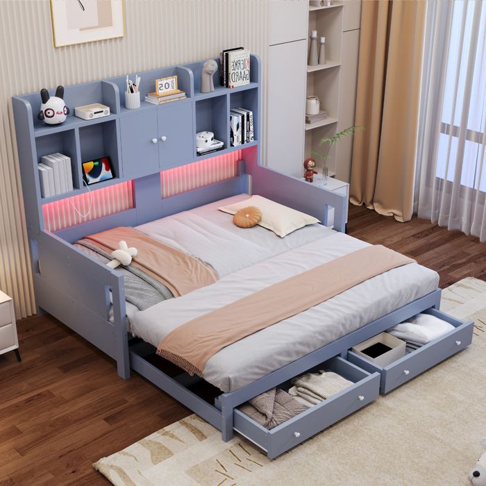 Lit Combiné Blanc 90x190cm Canapé-lit gigogne multifonction 90x190 à 180x190 en bois tiroirs placards prise et éclairage LED