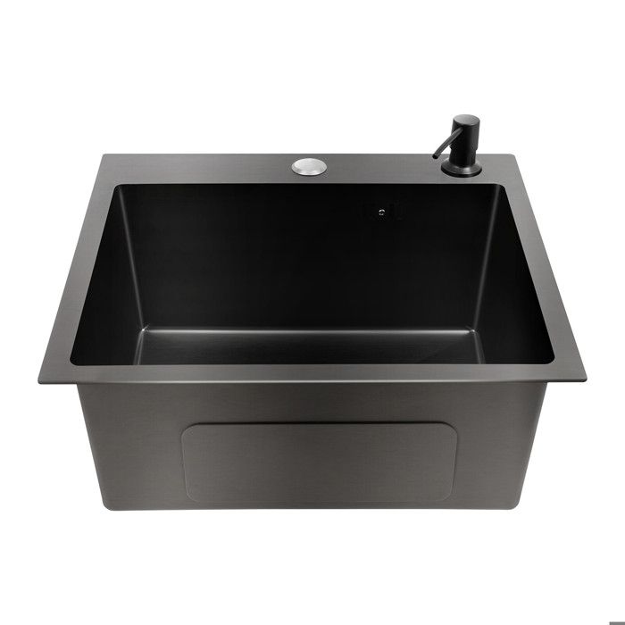 Évier de cuisine 1 cuve 40 x 45 cmnoir avec emplacements pour robinet et distributeur de savon ainsi que panier télescopique