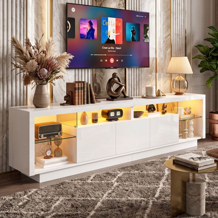 Lumina Meuble TV 200x38x55 cm  Design soigné finition brillante  LED via App  Étagères en verre - Blanc