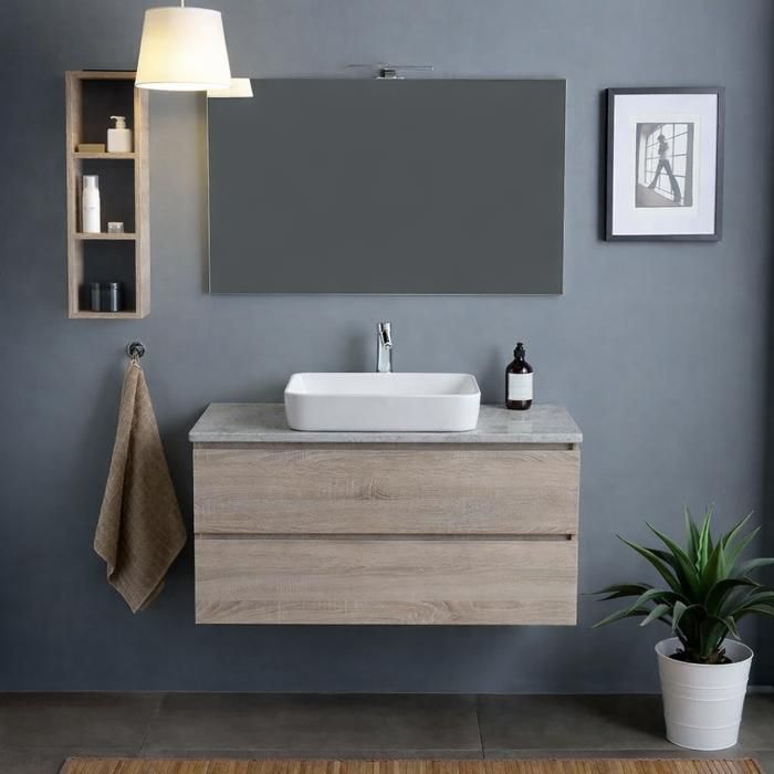 Meuble salle de bain suspendu 80 cm chêne avec plan béton miroir 80x60 et lampe Berlin