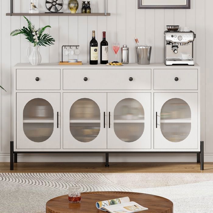 Garvee Buffet 157cm bois 3 tiroirs 4 portes vitrées rainurées grand rangement cuisine salon vaisselier bar - Blanc