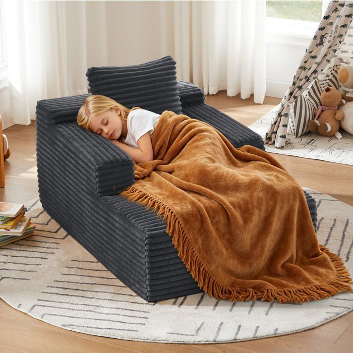 WOVREO Meridienne 1 place en velours cotele gris fonce sans montage mousse haute densite et ressorts ensaches