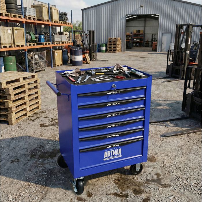 Servante datelier 6 tiroirs en acier noir et bleu verrouillable avec roulettes pivotantes