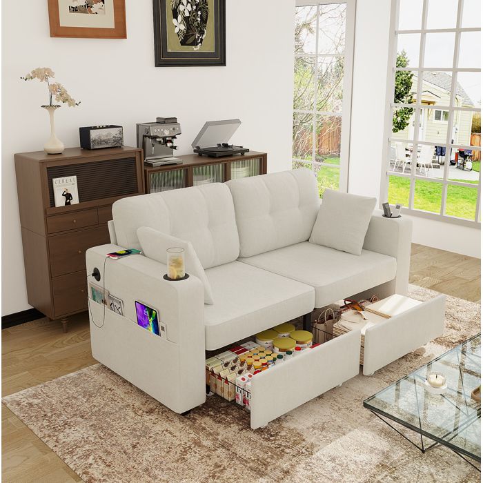 Canapé Droit 2 Places Canapé Fixe avec 2 Tiroirs de Rangement USB Porte-gobelets Poches Latérales Chenille Beige 172 × 75 × 82 cm