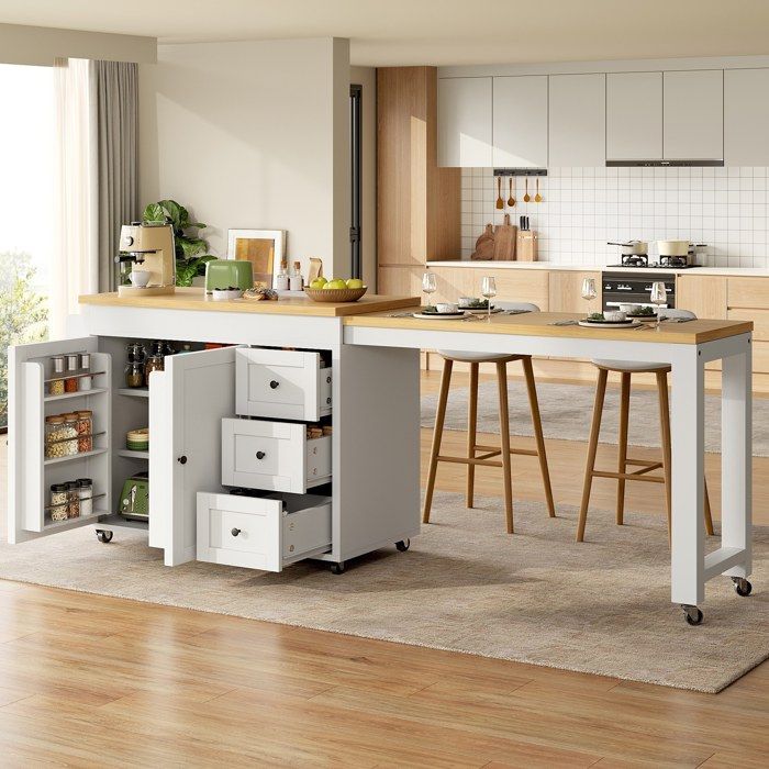 Îlot de cuisine extensible sur roulettes 116-179x45x89cm Desserte de cuisine avec plan de travail 3 tiroirs rangements blanc