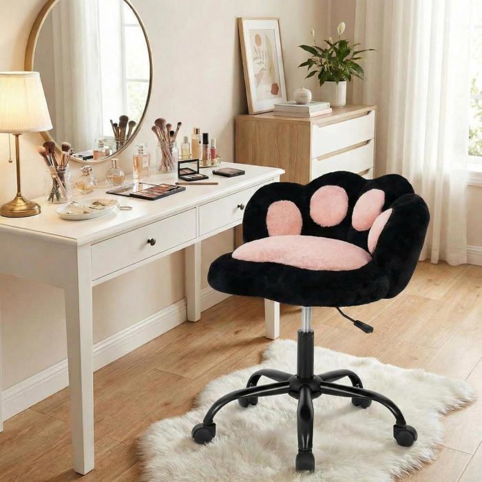 Chaise bureau sans bras motif patte de chat polaire moelleuse roulettes hauteur réglable chaise coiffeuse pivotante maison